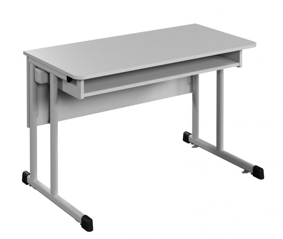 Учнівський стіл 2-місний, з розетками, для предметних кабінетів, покриття стільниці - пластик HPL, на плоскоовальній трубі, АЛМАНТ, 1200х600х760 мм.